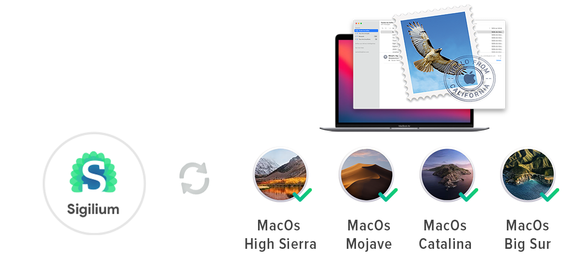 Sigilium permet de synchroniser les signatures email sur la messagerie Mail avec macOS High Sierra, macOS Catalina, macOS Mojave, macOS BigSur